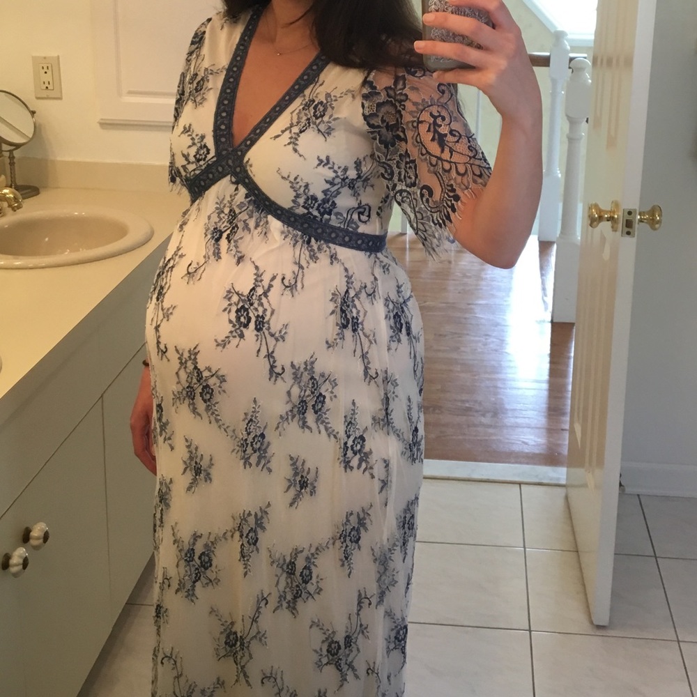 Maxi maternity dress with embroidered mesh overlay